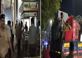 વડોદરાના ફતેગંજ અને શાસ્ત્રી બ્રિજ નીચે ગેરકાયદે લારી-ગલ્લા હટાવતા તું તું મેં મેં : ત્રણ ટ્રક ભરી માલ જપ્ત | Illegal encroachment being removed under Fatehganj and Shastri Bridge in Vadodara