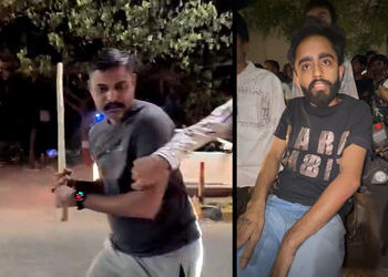 VIDEO : રાજકોટમાં અકસ્માત બાદ પોલીસકર્મીની દાદાગીરી, બાઈક ચાલકને દંડાથી માર્યો | Policeman beats up …