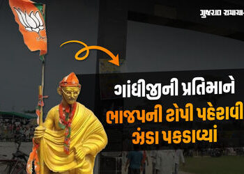 ગાંધીજીની પ્રતિમાને ભાજપની ટોપી પહેરાવી, કમળનો ઝંડો પકડાવ્યો! કોંગ્રેસ-આરજેડી નેતા ભડક્યાં | gandhi …