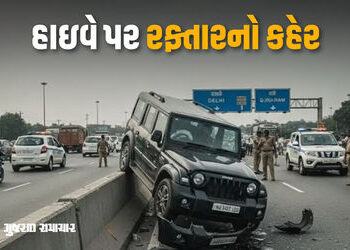 ગુરુગ્રામમાં ભયંકર અકસ્માત, પૂરપાટ દોડતી કાર ડિવાઈડર સાથે અથડાઈ, 5 યુવકના મોત | Gurugram Highway Tra…