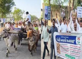 ખેતી બચાવો સત્યાગ્રહ: સાવરકુંડલામાં દેવા માફી સહિતના 15 મુદ્દે પ્લે કાર્ડ-બેનર સાથે ખેડૂતોનું આંદોલન…