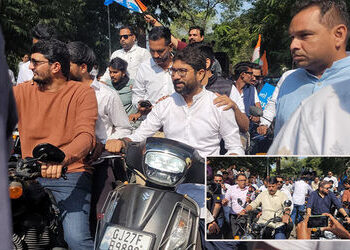 અમદાવાદ: NSUIની રેલીમાં નિયમોના ધજાગરા: કોંગ્રેસ નેતાઓ હેલ્મેટ વિના બાઈક પર દેખાયા | ahmedabad nsui …