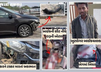 ખાલી નામની દારૂબંધી! બોડેલી નજીક બુટલેગરની બાઇક કાર સાથે અથડાઈ, પોલીસે બાઇકચાલકની કરી ધરપકડ | Bootle…