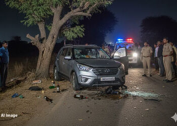 બનાસકાંઠાના થરાદમાં ગમખ્વાર અકસ્માત, પૂરઝડપે દોડતી કાર ઝાડ સાથે ભટકાતાં બેનાં મોત, કારમાંથી દારૂ મળ્…