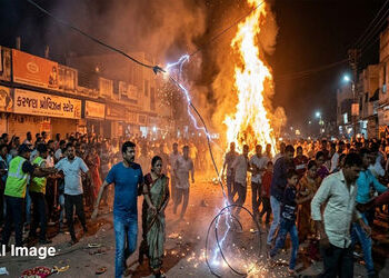 વડોદરાના કરજણમાં પ્રગટાવાયેલી હોળીની જ્વાળાથી વીજ વાયર તૂટતા ભાગદોડ | power lines were broken due to…