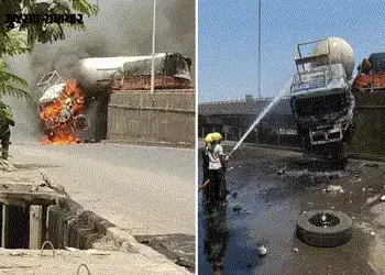 VIDEO: વાપીમાં અકસ્માત બાદ ભીષણ આગ, સળગતું કન્ટેઇનર બ્રિજ પર લટકી ગયું | Container Catches Fire Afte…