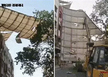 VIDEO: જામનગરમાં તોફાની પવનથી ઉડેલો ડોમ વીજ તાર ઉપર લટક્યો, ભારે જહેમત બાદ નીચે ઉતારાયો | Massive Do…