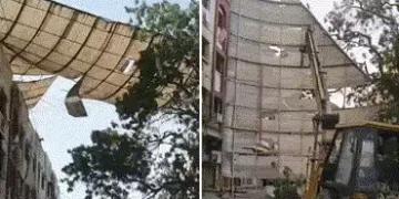 VIDEO: જામનગરમાં તોફાની પવનથી ઉડેલો ડોમ વીજ તાર ઉપર લટક્યો, ભારે જહેમત બાદ નીચે ઉતારાયો | Massive Do…